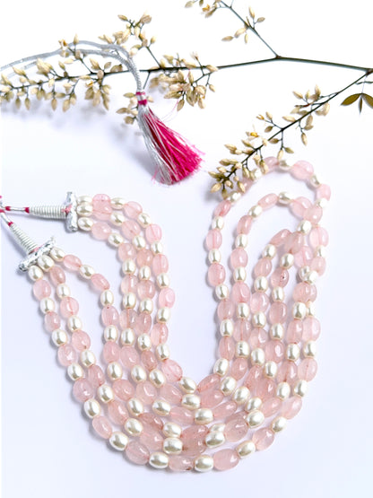 Quartz and pearl necklace with smooth oval beads showing soft lustre and clarity.