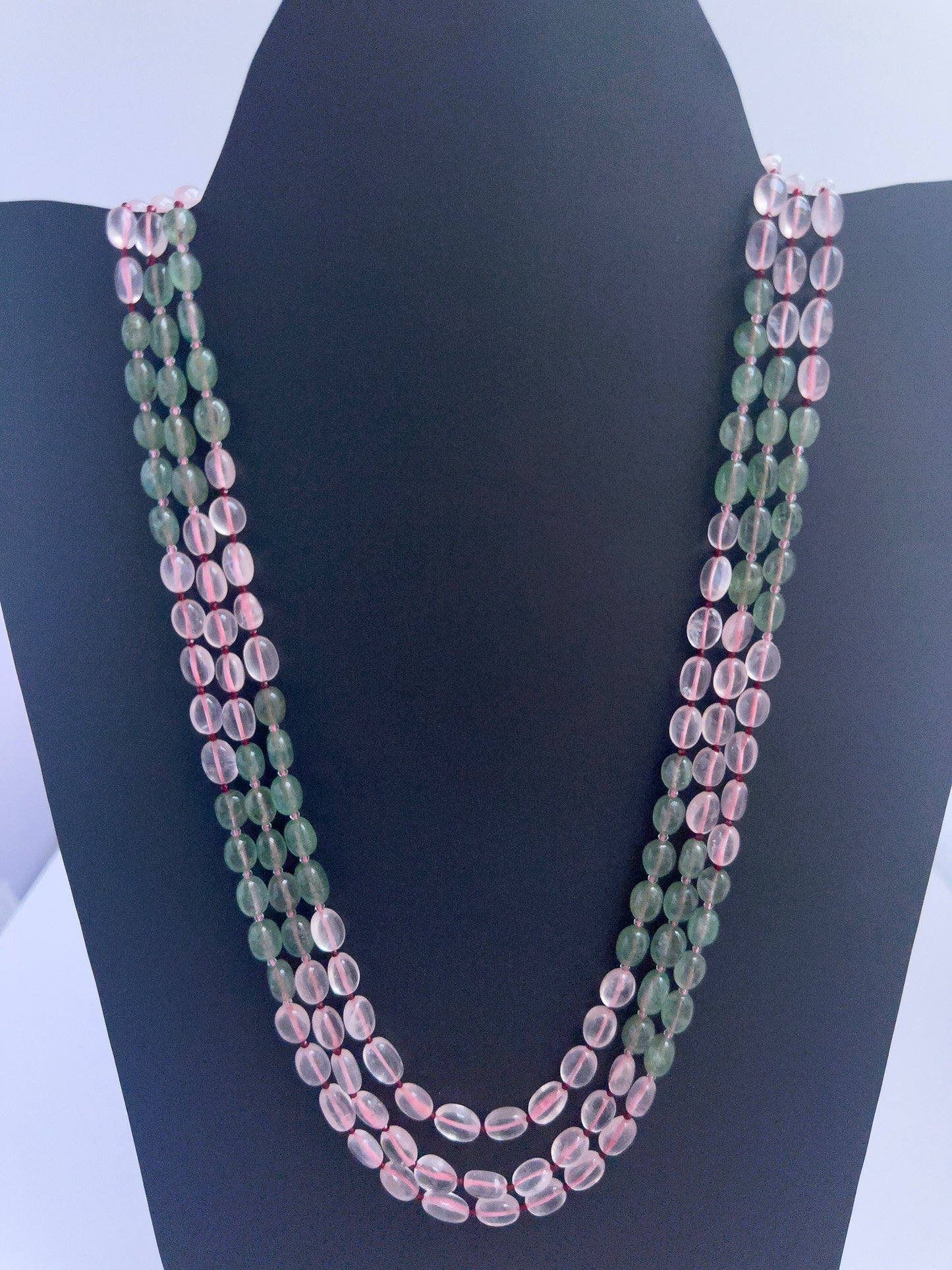 Elegant Quartz necklace, three strands of smooth oval beads, 460 carats of brilliance.