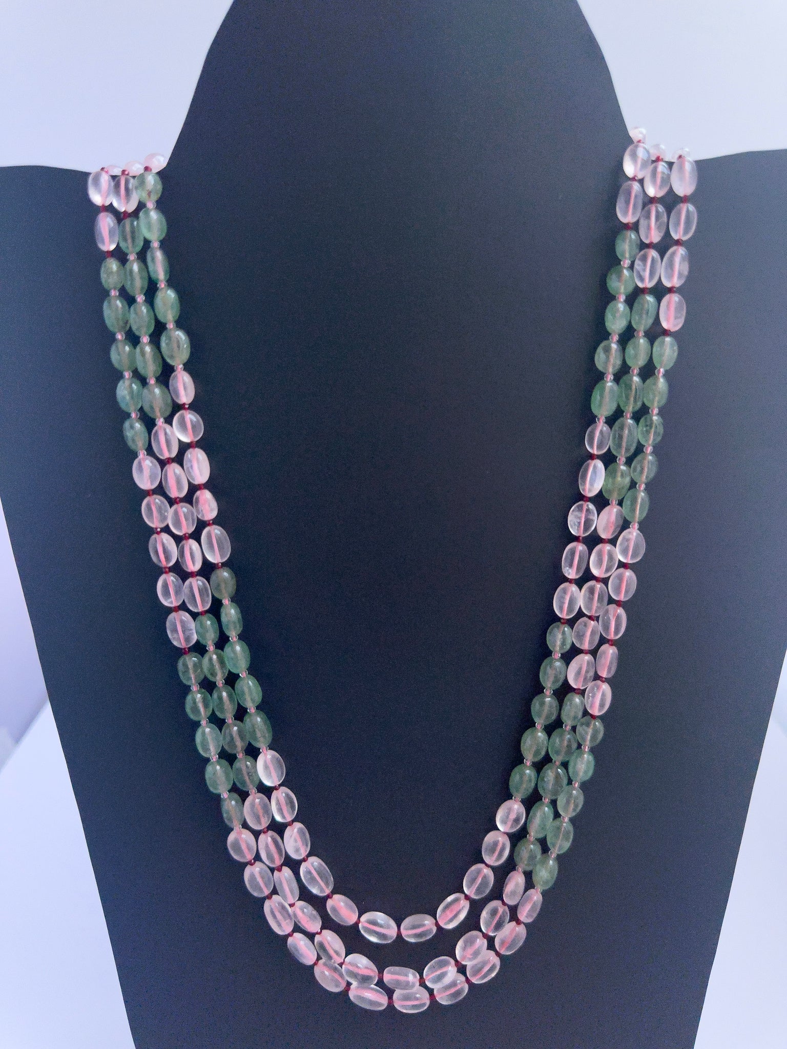 Elegant Quartz necklace, three strands of smooth oval beads, 460 carats of brilliance.