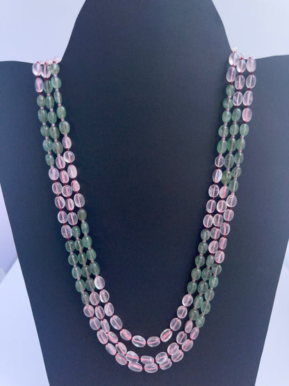 Elegant Quartz necklace, three strands of smooth oval beads, 460 carats of brilliance.