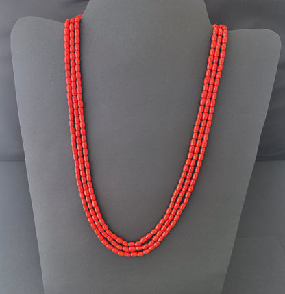 Three-strand Taiwan coral necklace with adjustable finish, crafted from polished natural gemstone beads.