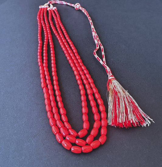 Taiwan coral necklace with smooth drum natural gemstone beads, 3 strands, 4.2mm size, polished shine.