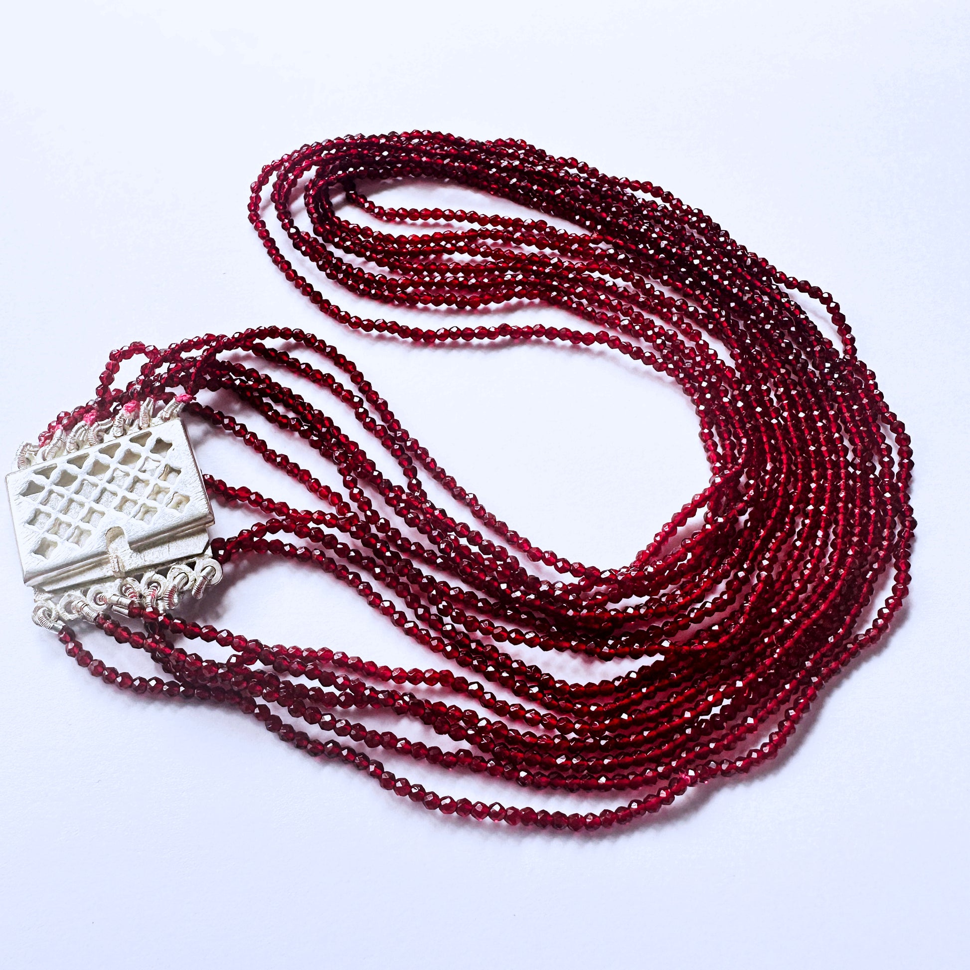 Deep red chalcedony necklace with faceted rondell natural gemstone beads, 7 strands, 2.2mm size, polished shine.