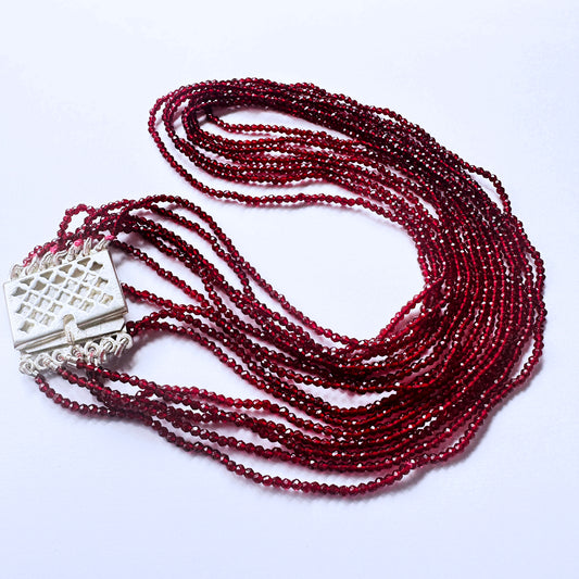 Deep red chalcedony necklace with faceted rondell natural gemstone beads, 7 strands, 2.2mm size, polished shine.
