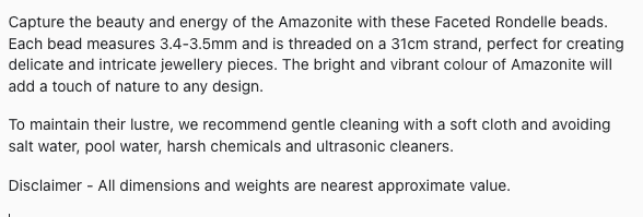 Text describing the product details of the Amazonite aceted rondelle natural gemstone semi-precious beads , as seen on the Australian owned Melbourne Gemstone Beads shop.