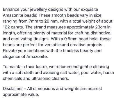 Text describing the product details of the Amazonite gemstone beads, as seen on the Australian owned Melbourne Gemstone Beads shop.