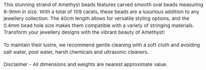 Text describing the product details of the Amethyst gemstone beads , as seen on the Australian owned Melbourne Gemstone Beads shop.