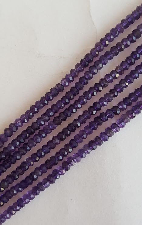 Elegant strands adorned with 3.5mm to 4mm faceted rondelle amethyst stones, showcasing a rich purple colour.