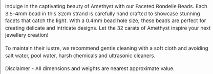 Text describing the product details of the Amethyst Faceted Rondelle 3.5mm to 4mm gemstone beads , as seen on the Australian owned Melbourne Gemstone Beads shop.
