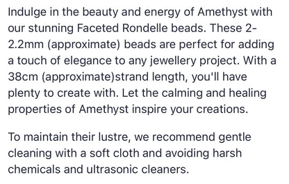 Text describing the product details of the Amethyst Faceted Rondelle 2-2.2mm gemstone beads , as seen on the Australian owned Melbourne Gemstone Beads shop.