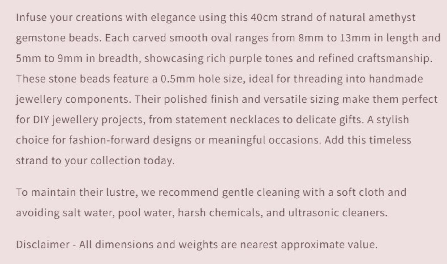 Text description of amethyst beads with product details and care instructions.