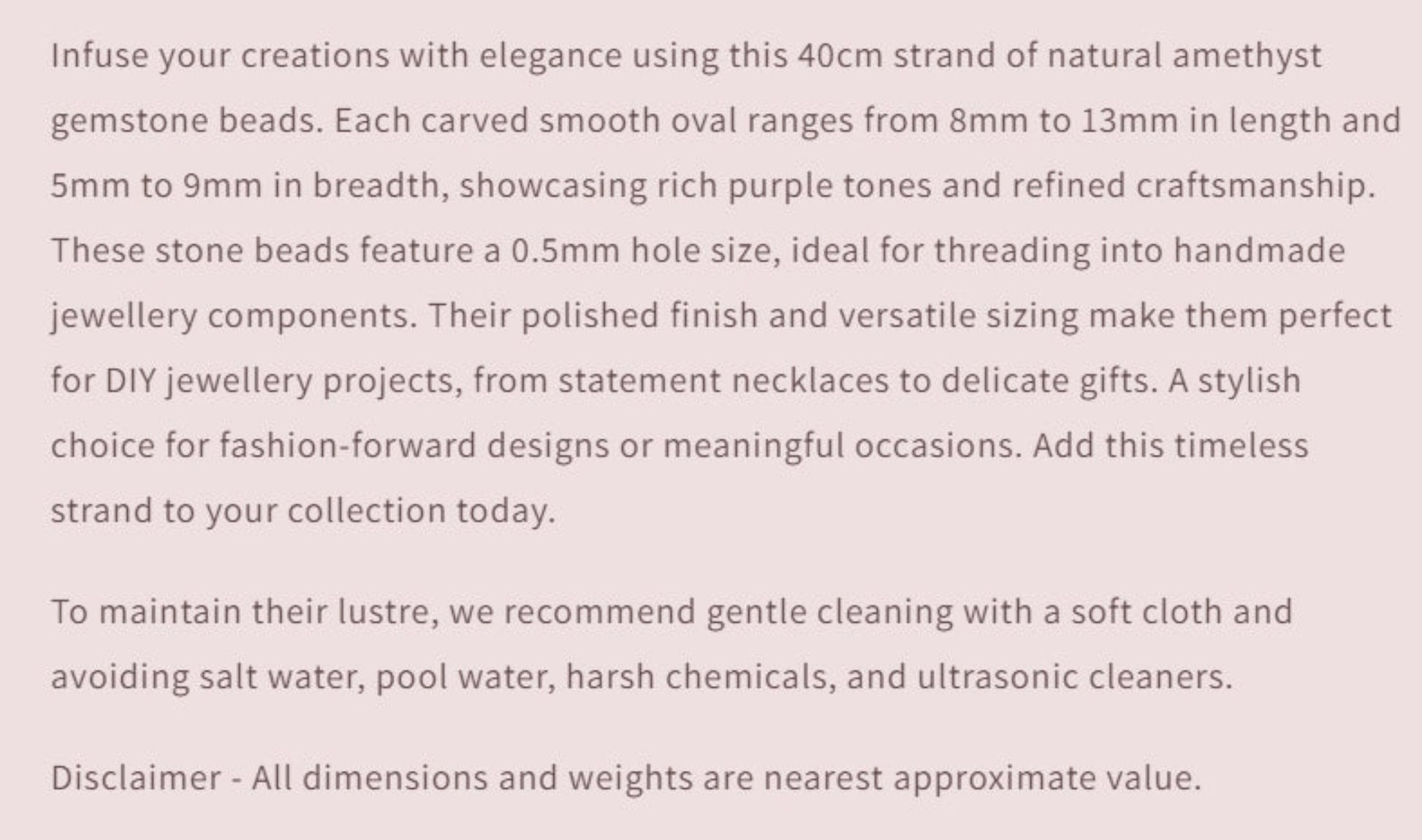 Text description of amethyst beads with product details and care instructions.