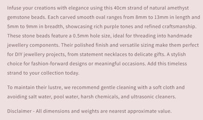 Text description of amethyst beads with product details and care instructions.