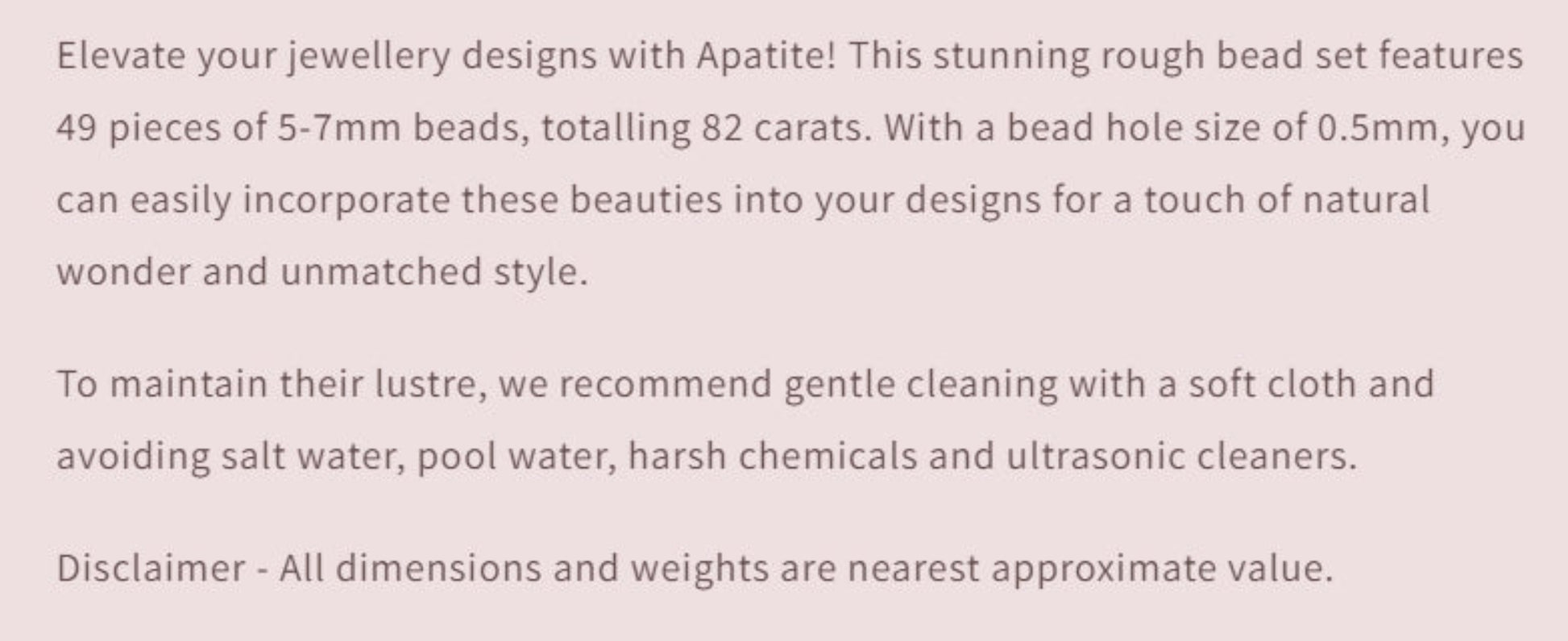 Text description of Apatite rough bead set with product details and care instructions.