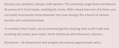Text description of Apatite rough bead set with product details and care instructions.