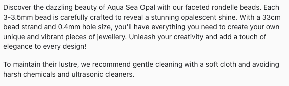 Text describing the product details of the Aqua Sea opal 3-4.5mm gemstone semi-precious beads , as seen on the Australian owned Melbourne Gemstone Beads shop.