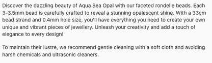 Text describing the product details of the Aqua Sea opal 3-4.5mm gemstone semi-precious beads , as seen on the Australian owned Melbourne Gemstone Beads shop.