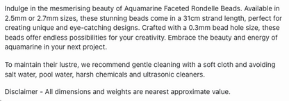Text describing the product details of the Aquamarine natural gemstone beads, as seen on the Australian owned Melbourne Gemstone Beads shop.