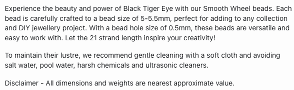 Text describing the product details of the Black Tiger Eye Smooth Wheel 5-5.5mm  gemstone beads, as seen on the Australian owned Melbourne Gemstone Beads shop.