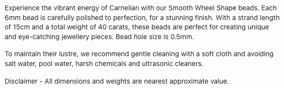 Text describing the product details of the Carnelian natural gemstone beads, as seen on the Australian owned Melbourne Gemstone Beads shop.