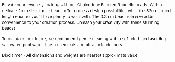 Text describing the product details of the Chalcedony gemstone semi-precious beads , as seen on the Australian owned Melbourne Gemstone Beads shop.