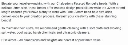 Text describing the product details of the Chalcedony gemstone semi-precious beads , as seen on the Australian owned Melbourne Gemstone Beads shop.