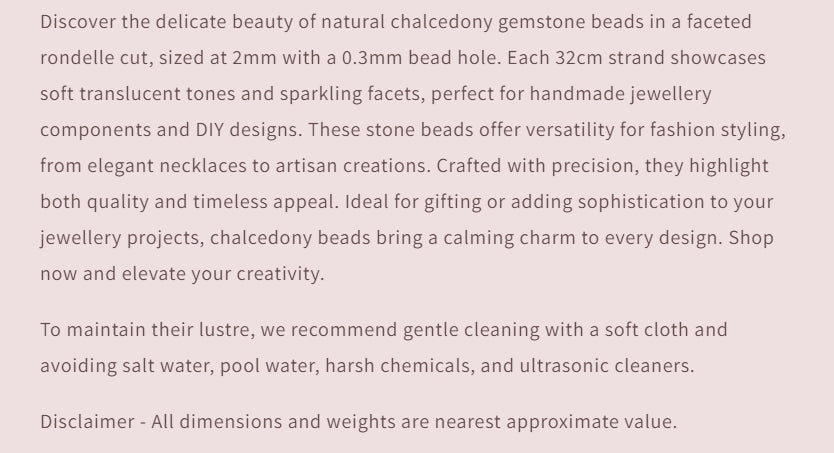 Text description of chalcedony gemstone beads with product details and care instructions.
