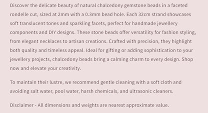 Text description of chalcedony gemstone beads with product details and care instructions.
