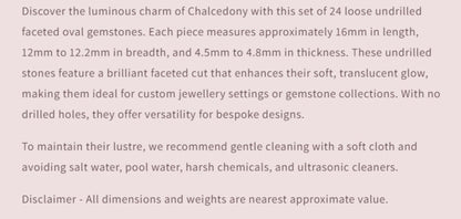 Text description of Chalcedony gemstones with product details and care instructions.