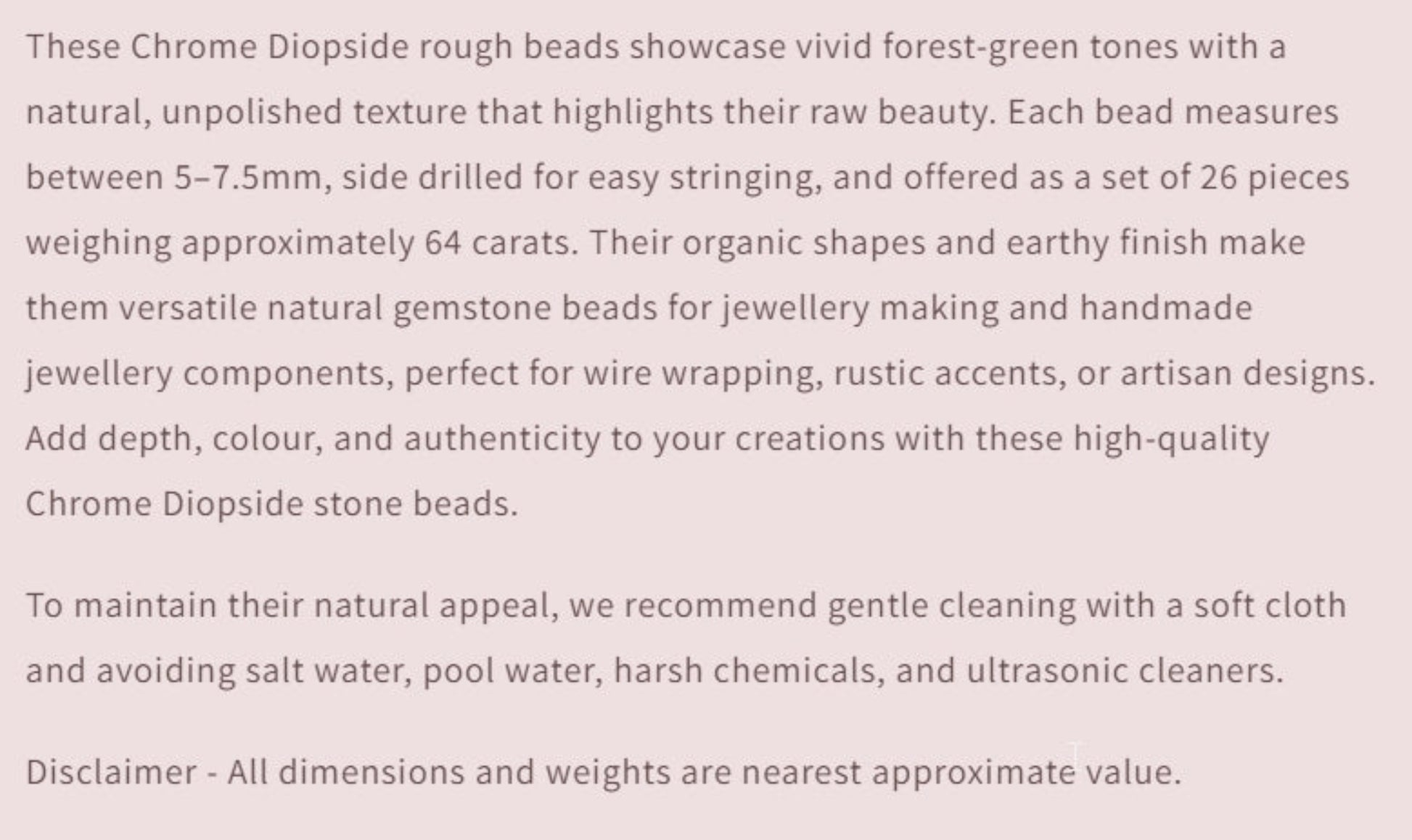 Text describing the product details of the gemstone beads , as seen on the Australian owned and trusted bead supplier, Melbourne Gemstone Beads.