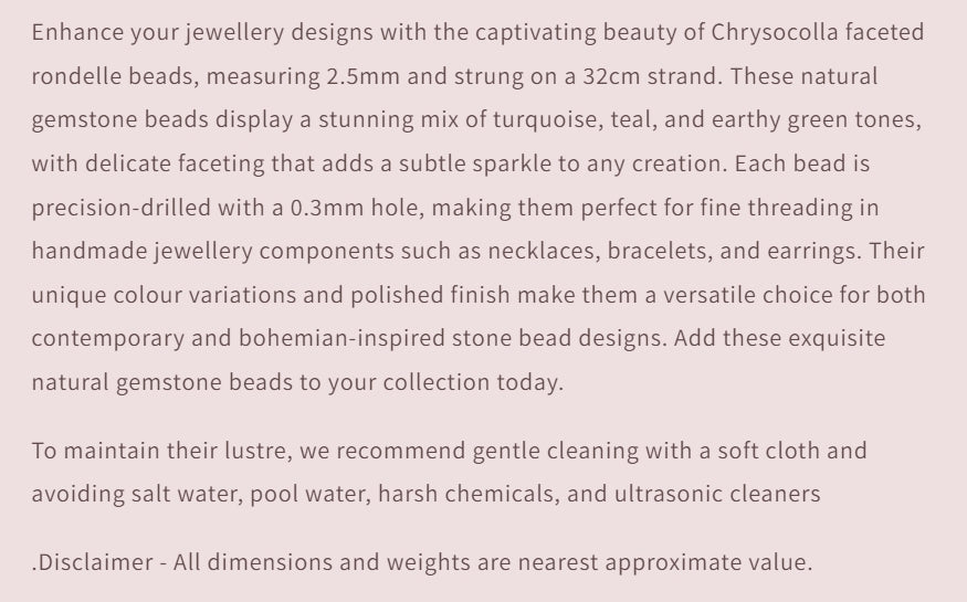 Text describing the product details of the gemstone beads , as seen on the Australian owned and trusted bead supplier, Melbourne Gemstone Beads.