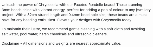 Text describing the product details of the Chrysocolla Faceted Rondelle 3mm gemstone beads , as seen on the Australian owned Melbourne Gemstone Beads shop.