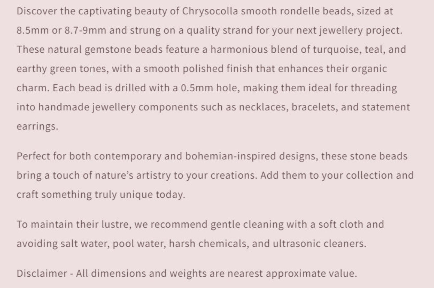 Text describing the product details of the gemstone beads , as seen on the Australian owned and trusted bead supplier, Melbourne Gemstone Beads.
