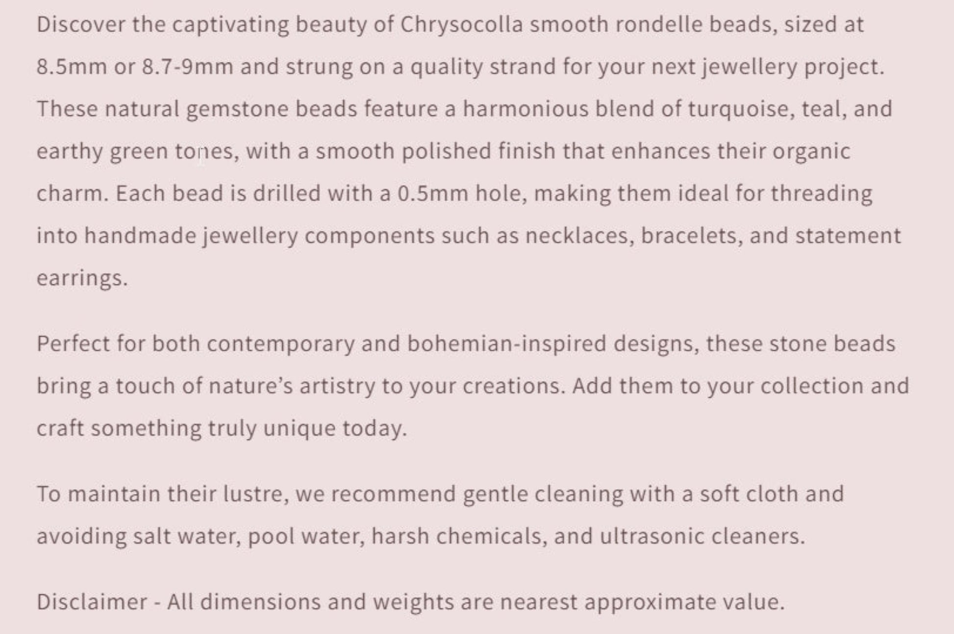Text describing the product details of the gemstone beads , as seen on the Australian owned and trusted bead supplier, Melbourne Gemstone Beads.