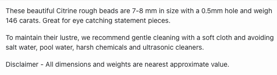 Text describing the product details of the  Citrine natural gemstone beads, as seen on the Australian owned Melbourne Gemstone Beads shop.