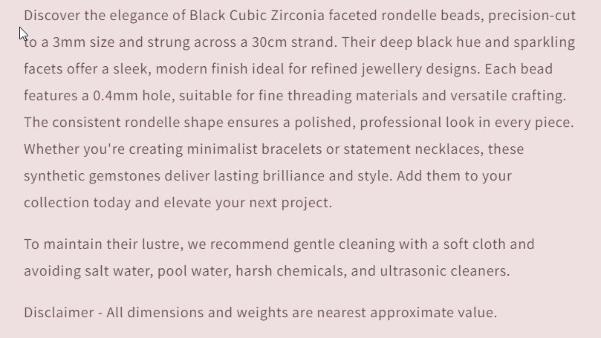 Text description of Black Cubic Zirconia beads with product details and care instructions.