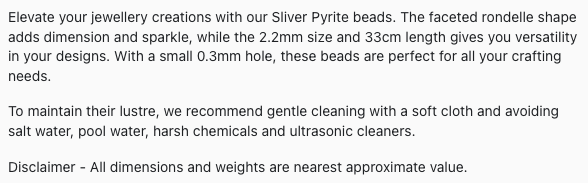 Text describing the product details of the Sliver Pyrite Faceted Rondelle 2.2mm  gemstone beads , as seen on the Australian owned Melbourne Gemstone Beads shop.