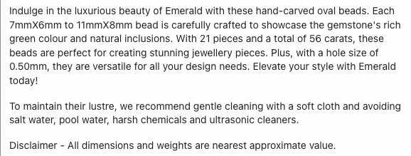 Text describing the product details of the Emerald gemstone beads, as seen on the Australian owned Melbourne Gemstone Beads shop.