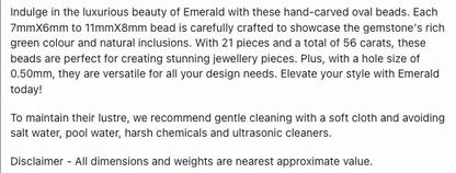 Text describing the product details of the Emerald gemstone beads, as seen on the Australian owned Melbourne Gemstone Beads shop.