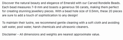 Text describing the product details of the Carved Rondelle Emerald gemstone beads, as seen on the Australian owned Melbourne Gemstone Beads shop.