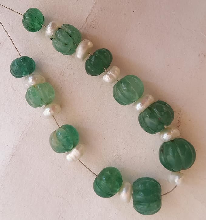 Green emerald natural gemstone bead with freshwater pearls, beautifully carved in a rondelle shape, sizes ranging from 7mm to 10mm.