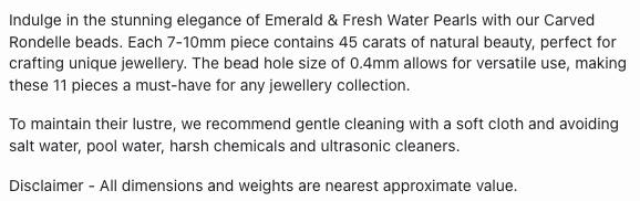 Text describing the product details of the natural gemstone beads, emerald, and pearls as seen on the Australian owned Melbourne Gemstone Beads shop.