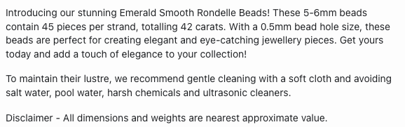 Text describing the product details of the Emerald Smooth Rondelle, 5mm-6mm, gemstone precious beads , as seen on the Australian owned Melbourne Gemstone Beads shop.
