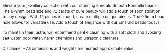 Text describing the product details of the Emerald natural gemstone beads, as seen on the Australian owned Melbourne Gemstone Beads shop.