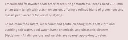 Product description of an emerald and freshwater pearl bracelet with size and length details.