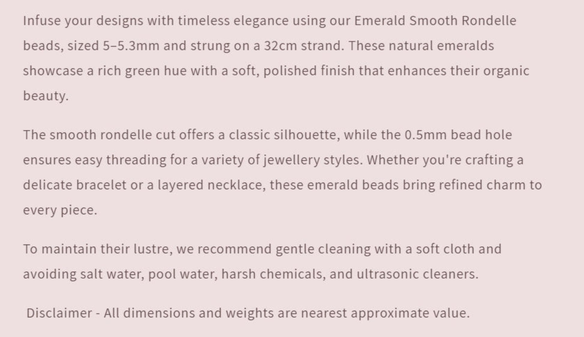 Text description of Emerald Smooth Rondelle beads with product details and care instructions.