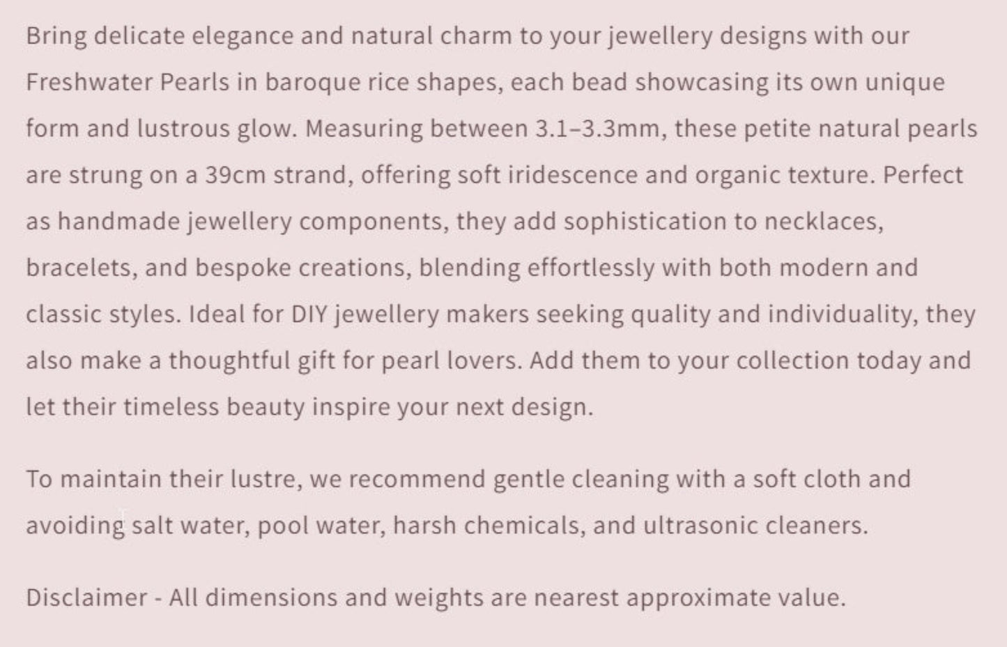 Text describing the product details of the pearls, as seen on the Australian owned and trusted bead supplier, Melbourne Gemstone Beads.