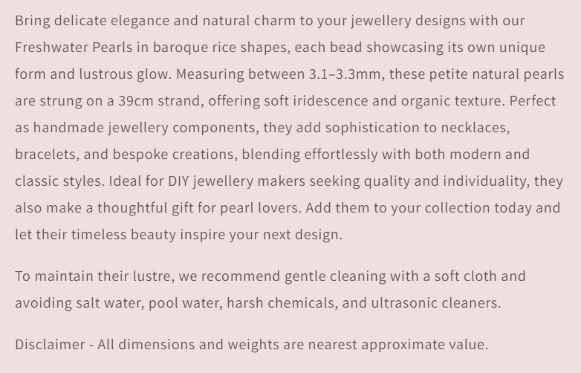 Text describing the product details of the pearls, as seen on the Australian owned and trusted bead supplier, Melbourne Gemstone Beads.