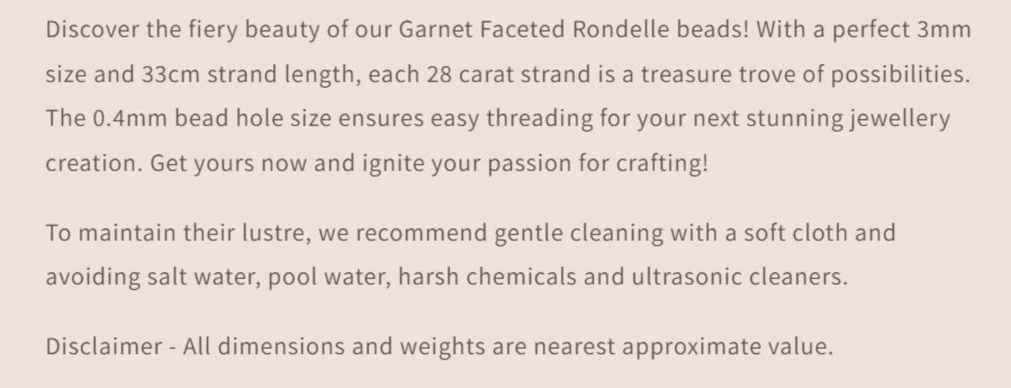 Text description of Garnet Faceted Rondelle beads with product details and care instructions.