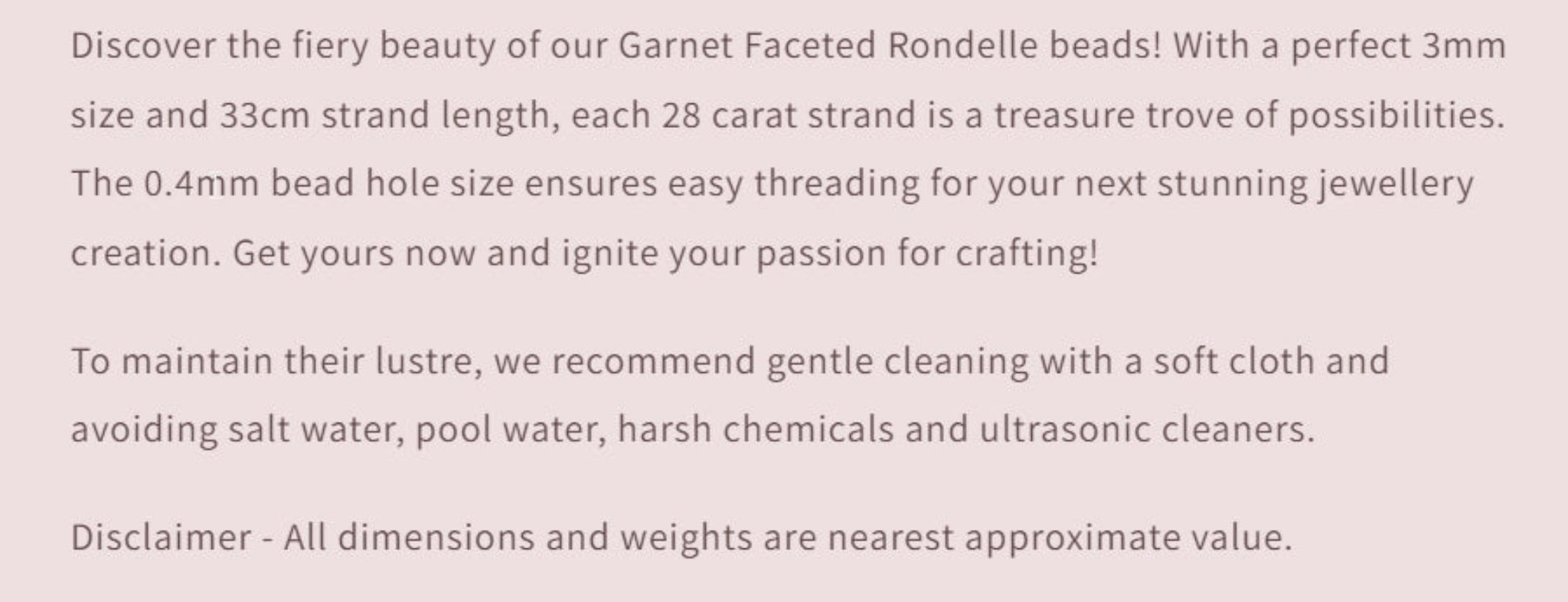 Text description of Garnet Faceted Rondelle beads with product details and care instructions.